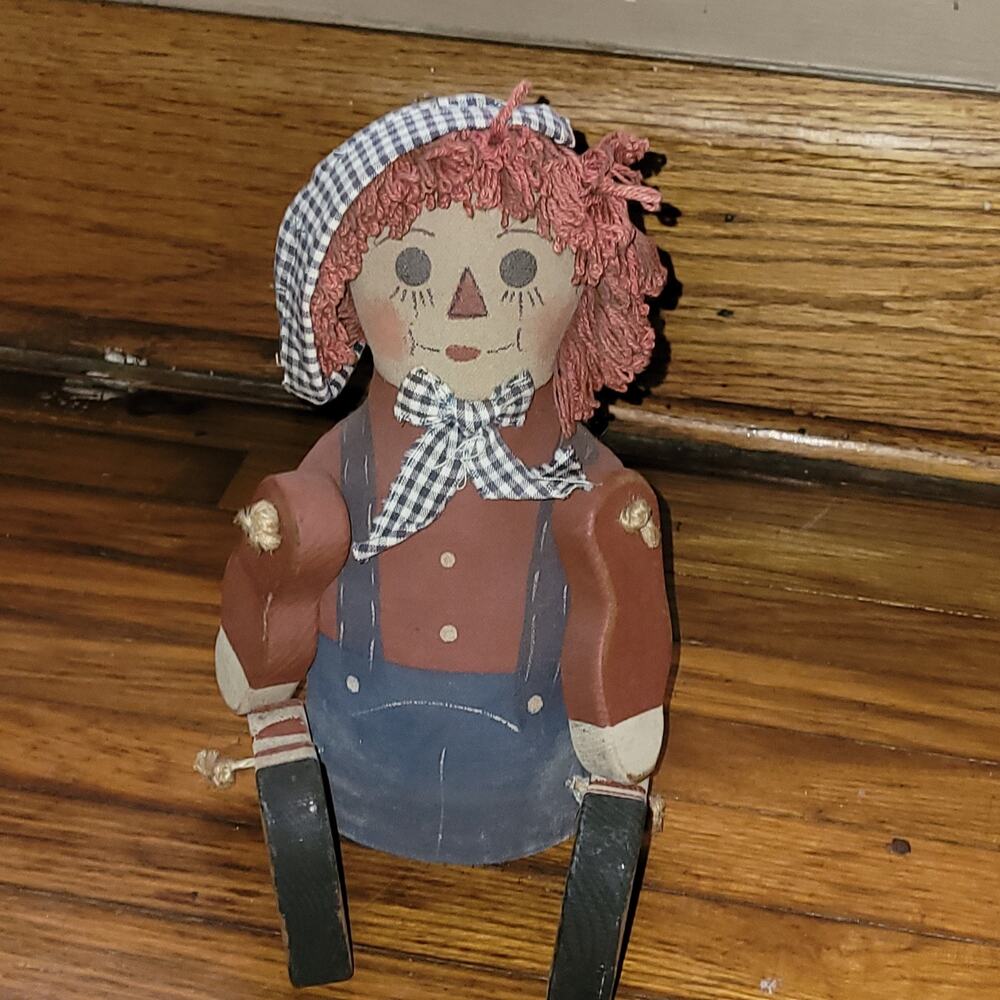 Vtg Raggedy Ann Andy Doll Movable Arms Legs Wood & Fabric‎ Shelf Sitters Signed